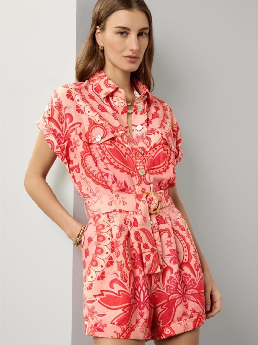 FARM Rio Pink & Coral Floral Paisley Button-Front Short Sleeve Romper